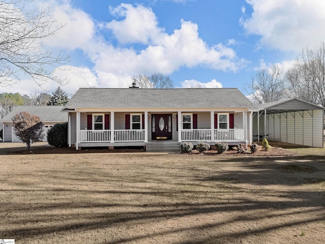 ranch-style home featuring a carport, a porch, a front yard, and driveway