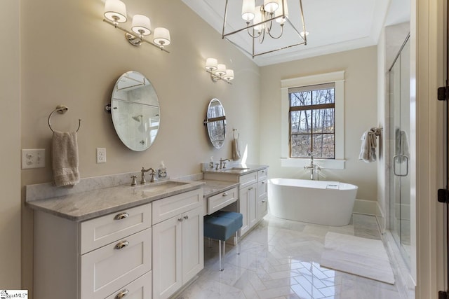 bathroom with crown molding, a freestanding bath, vanity, and a shower stall