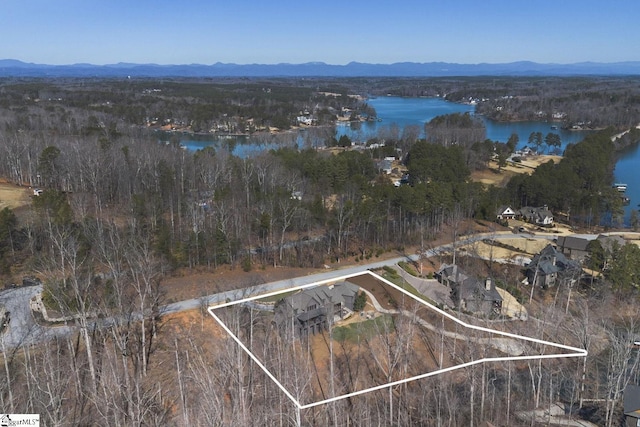 birds eye view of property featuring a wooded view and a water and mountain view