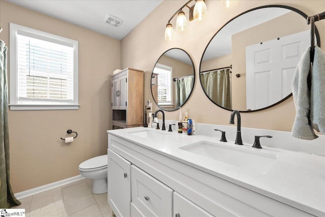 bathroom featuring visible vents, toilet, a sink, baseboards, and tile patterned floors