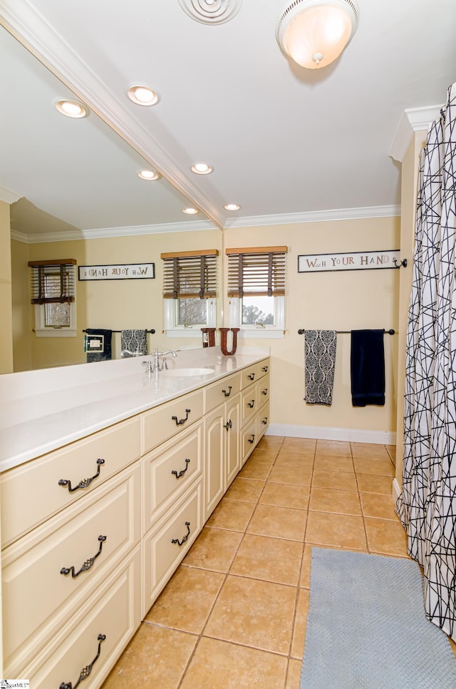 bathroom with ornamental molding, recessed lighting, vanity, and tile patterned floors