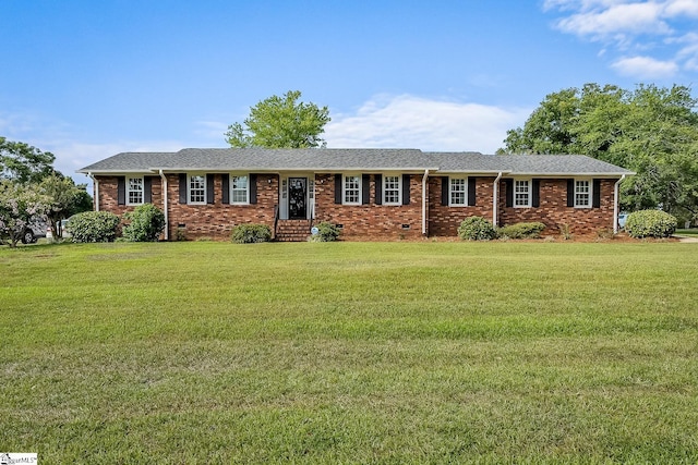 ranch-style home featuring a front lawn, crawl space, and brick siding