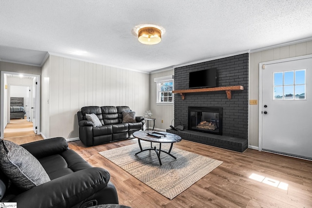 living room featuring a textured ceiling, crown molding, a fireplace, and wood finished floors