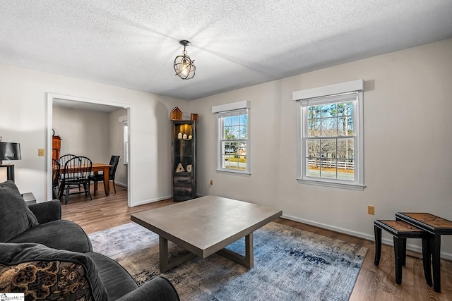 living area with a textured ceiling, baseboards, and wood finished floors