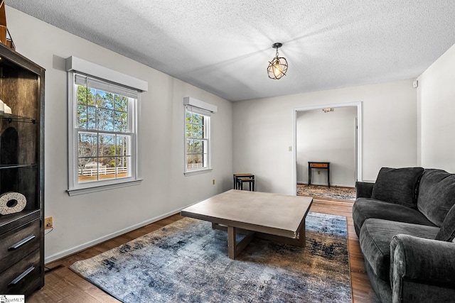 living room featuring a textured ceiling, wood finished floors, and baseboards