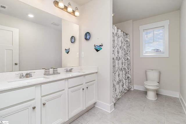 full bath with double vanity, a sink, visible vents, and tile patterned floors