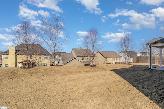 view of yard featuring fence and a residential view