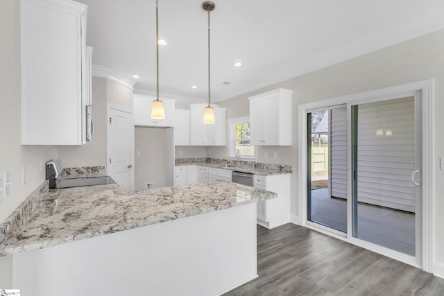 kitchen with a peninsula, white cabinets, range, light stone countertops, and dishwasher