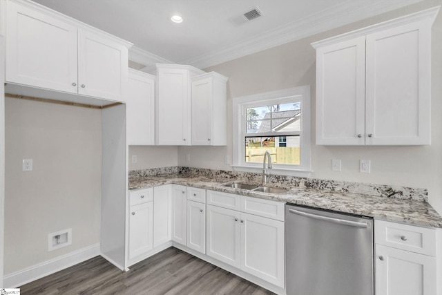 kitchen with a sink, visible vents, white cabinetry, ornamental molding, and stainless steel dishwasher