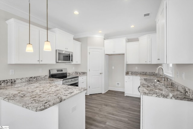 kitchen with ornamental molding, a peninsula, light stone countertops, stainless steel appliances, and a sink