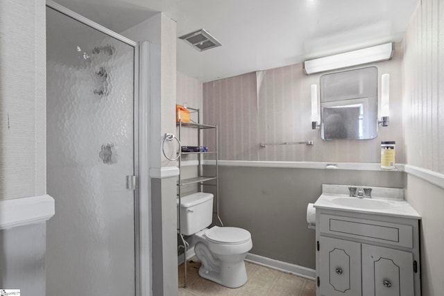 full bathroom with visible vents, toilet, a shower stall, vanity, and tile patterned flooring