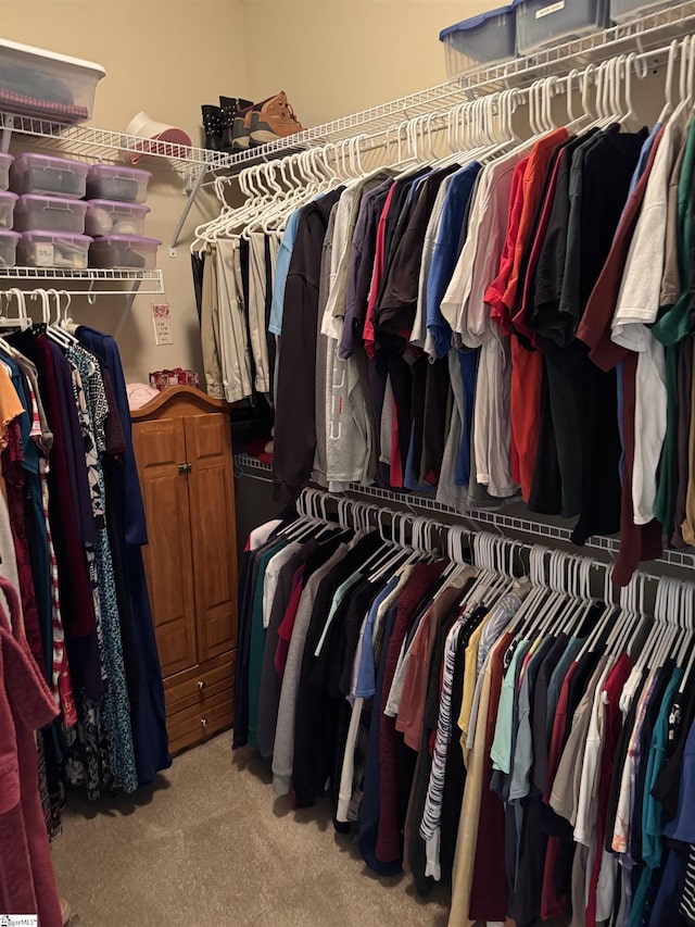 walk in closet featuring light colored carpet