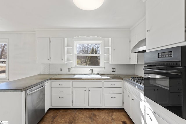 kitchen featuring decorative backsplash, wall chimney exhaust hood, appliances with stainless steel finishes, open shelves, and a sink