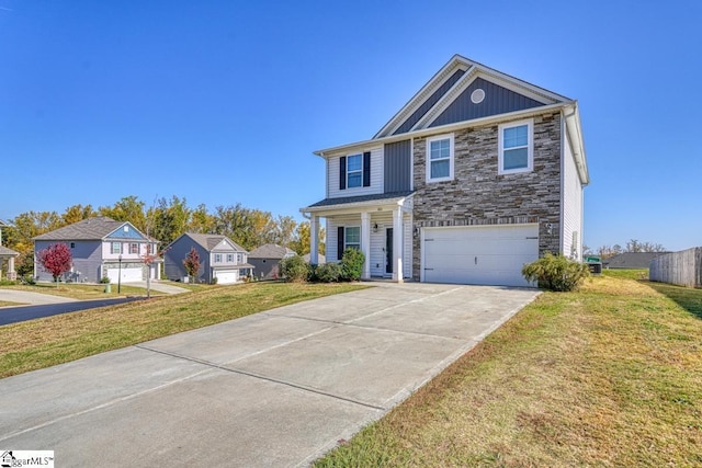 view of front of home with an attached garage, stone siding, a front lawn, and concrete driveway