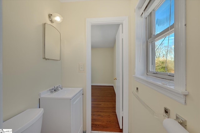 bathroom with wood finished floors, vanity, and toilet