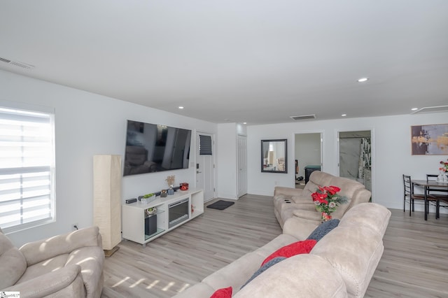 living area with light wood-style flooring, visible vents, and a wealth of natural light