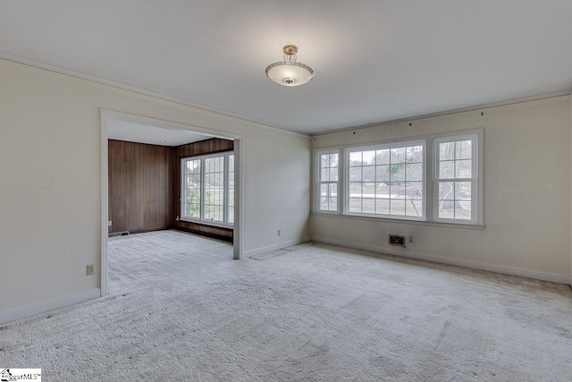 carpeted spare room with crown molding, wood walls, and baseboards