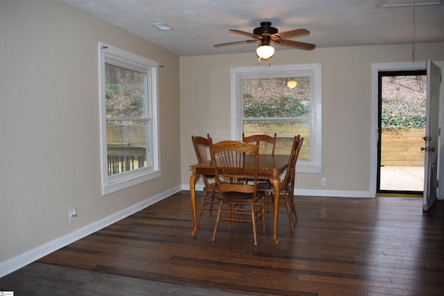 dining space with a healthy amount of sunlight, baseboards, and dark wood finished floors