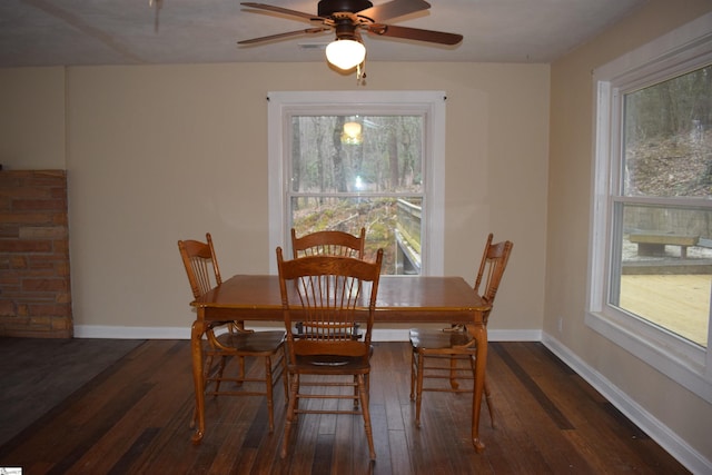 dining space featuring ceiling fan, dark wood-type flooring, and baseboards