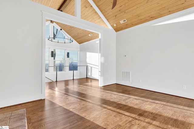 unfurnished living room featuring high vaulted ceiling, wooden ceiling, wood finished floors, and visible vents