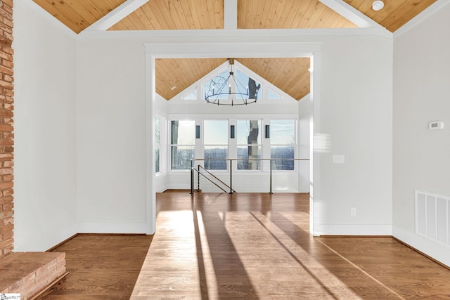 interior space with wooden ceiling, wood finished floors, and visible vents