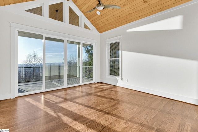 empty room with ceiling fan, wood finished floors, wood ceiling, and baseboards