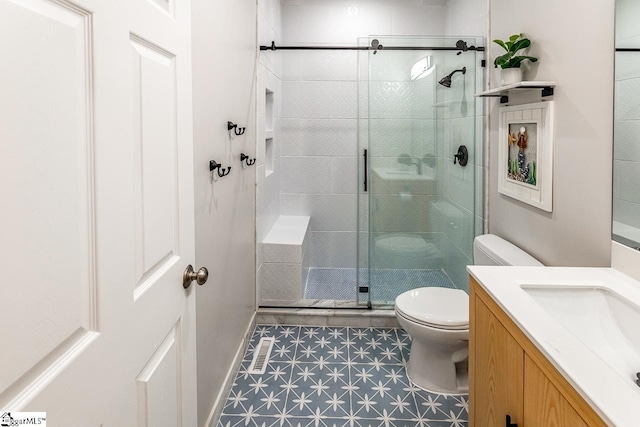 full bath featuring toilet, a shower stall, and vanity