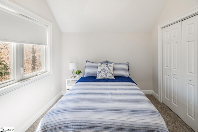 bedroom featuring vaulted ceiling, carpet floors, a closet, and baseboards