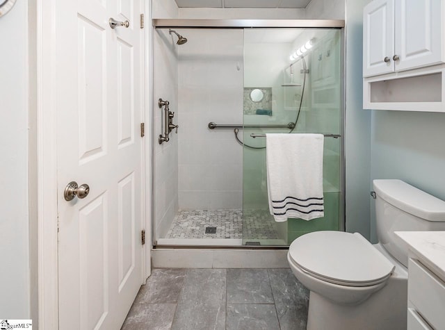 full bathroom featuring toilet, a shower stall, and vanity