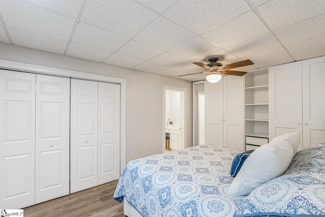 bedroom with a drop ceiling, wood finished floors, and a ceiling fan