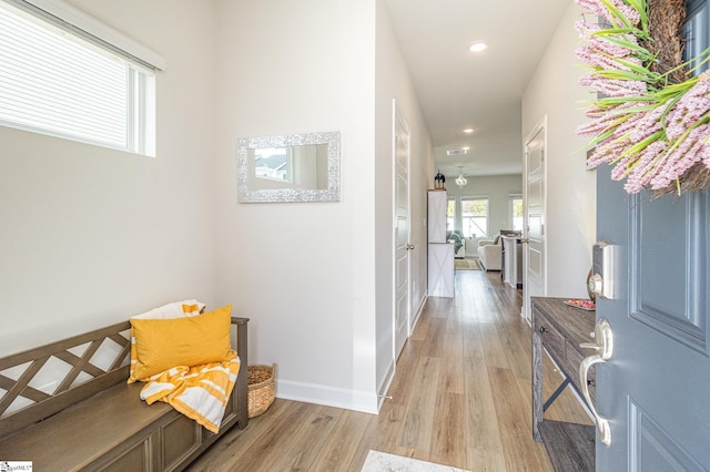 107 Tramore Ln, Fountain Inn, SC 29644 - corridor with baseboards, light wood-style flooring, and recessed lighting