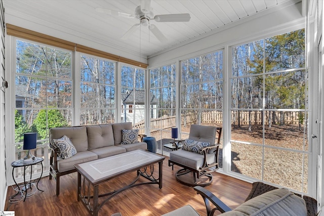 sunroom / solarium featuring ceiling fan and a healthy amount of sunlight