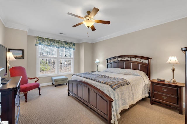 bedroom with light carpet, baseboards, visible vents, ceiling fan, and crown molding