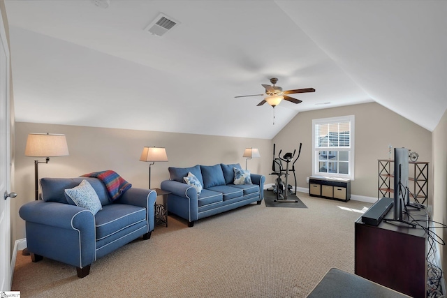 living room featuring visible vents, baseboards, a ceiling fan, lofted ceiling, and carpet