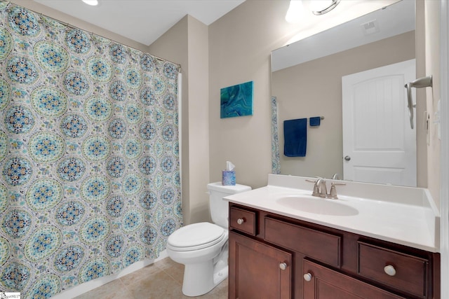 full bath featuring visible vents, toilet, curtained shower, tile patterned flooring, and vanity