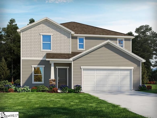 view of front of home featuring a garage, concrete driveway, and a front lawn