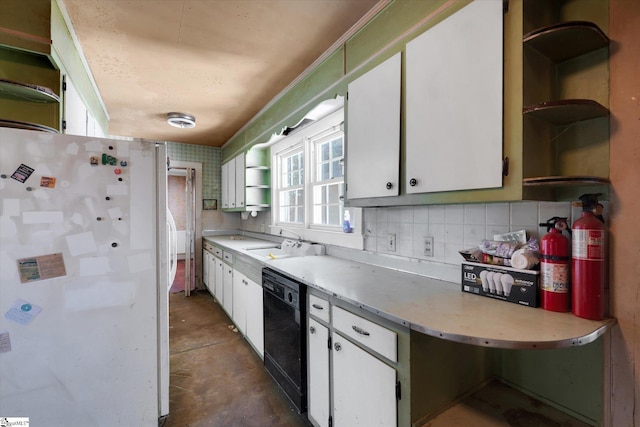 kitchen with a sink, open shelves, dishwasher, and freestanding refrigerator