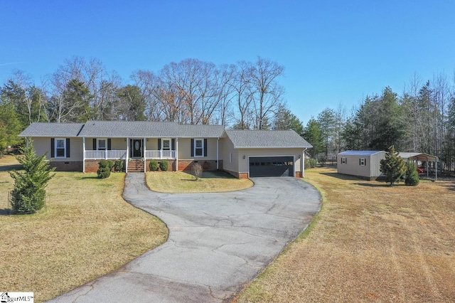 ranch-style house featuring aphalt driveway, a porch, a garage, crawl space, and a front lawn