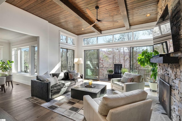 sunroom with wooden ceiling, a fireplace, visible vents, a ceiling fan, and beam ceiling