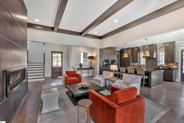 living room featuring plenty of natural light, a fireplace, and dark wood-style flooring