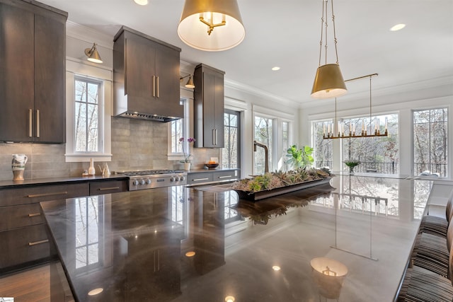 kitchen with stove, exhaust hood, dark brown cabinets, backsplash, and crown molding