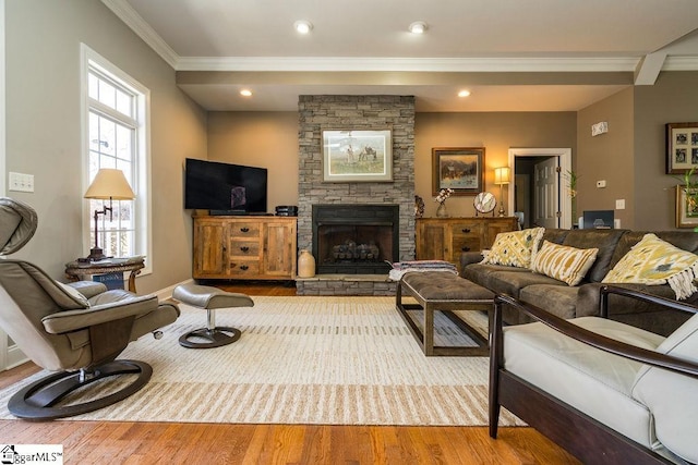 living area with baseboards, wood finished floors, crown molding, a stone fireplace, and recessed lighting