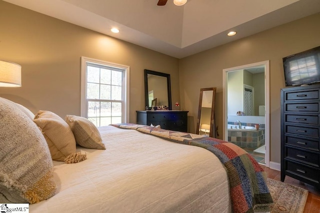 bedroom featuring ceiling fan, wood finished floors, and recessed lighting