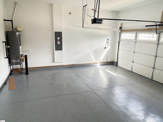 garage with water heater, baseboards, electric panel, and a garage door opener