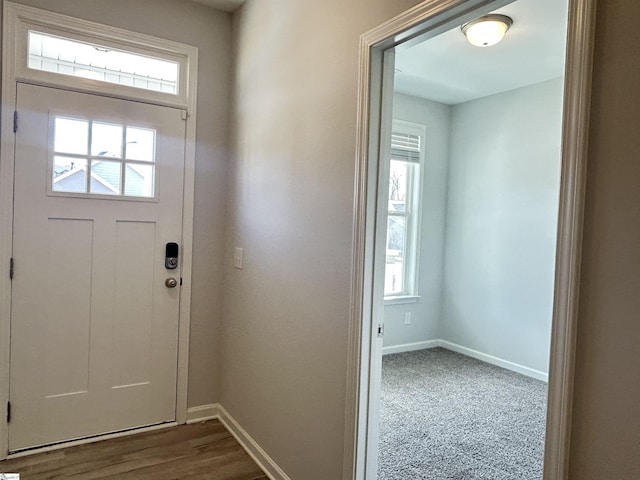 entryway featuring dark wood-style flooring, plenty of natural light, and baseboards