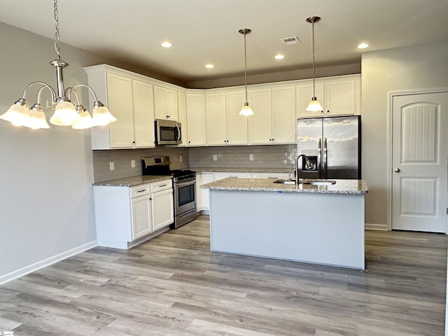 kitchen featuring stainless steel appliances, visible vents, backsplash, a sink, and light wood-type flooring