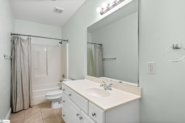 bathroom with visible vents, toilet, tile patterned floors, shower / bathtub combination with curtain, and vanity