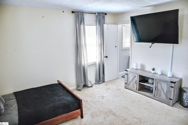 bedroom featuring light colored carpet and a textured ceiling