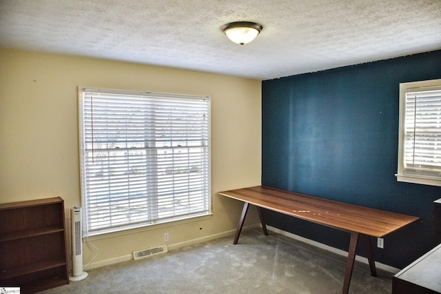 carpeted office with baseboards, visible vents, and a textured ceiling