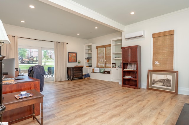 office with light wood-type flooring, recessed lighting, ornamental molding, and a wall mounted AC